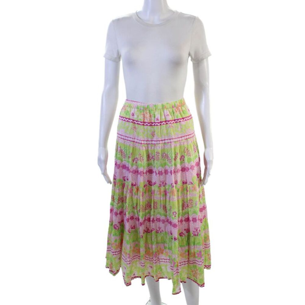 Lilly Pulitzer Women Peasant Floral Cotton Midi Skirt Green Size S
